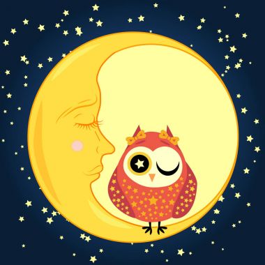 sevimli çizgi uyku baykuş Kapalı gözlerle çevrelerde uykulu Hilal yıldızlar arasında oturur