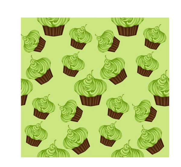 Seamless pattern of appetizing cupcakes with green cream and mint — Stock Vector