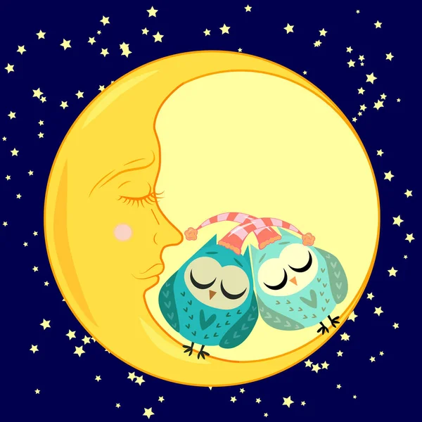 Mignon dessin animé chouette endormie en cercles avec les yeux fermés est assis sur un croissant somnolent parmi les étoiles — Image vectorielle