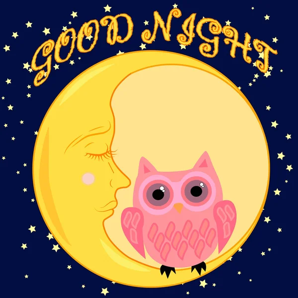 Good night card with sleeping moon and cute owl. Vector illustration