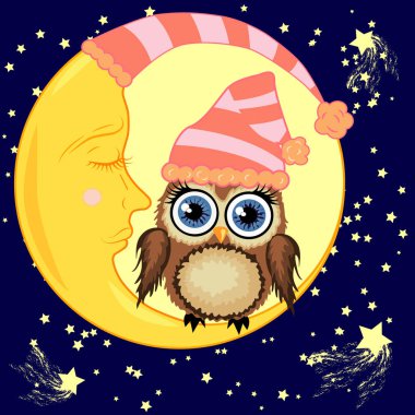 Sevimli çizgi kahverengi baykuş uyuyan bir kap içinde uyuyan Hilal yıldız ile bir gece gökyüzü karşı oturur