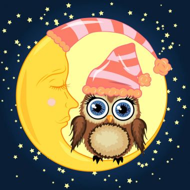 Sevimli çizgi kahverengi baykuş uyuyan bir kap içinde uyuyan Hilal yıldız ile bir gece gökyüzü karşı oturur