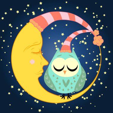 sevimli çizgi uyku baykuş Kapalı gözlerle çevrelerde uykulu Hilal yıldızlar arasında oturur