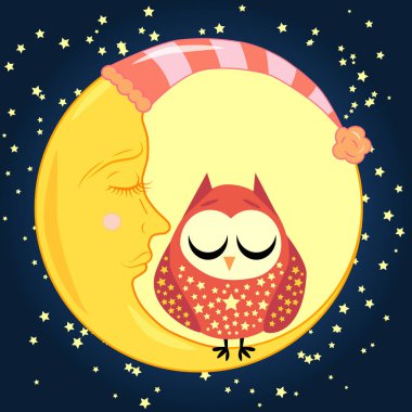 sevimli çizgi uyku baykuş Kapalı gözlerle çevrelerde uykulu Hilal yıldızlar arasında oturur