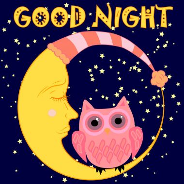 İyi geceler ay ve sevimli baykuş uyku ile kart. Vektör çizim