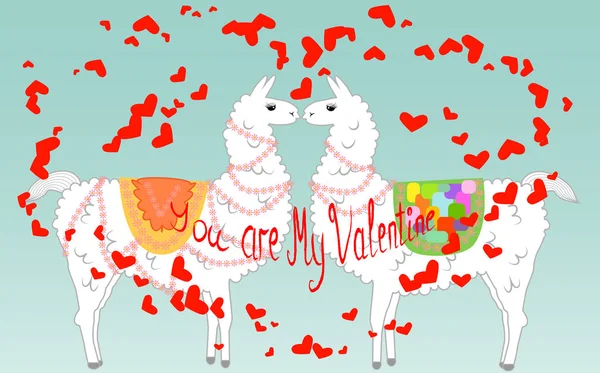 Dos amantes, besando llamas rodeadas de corazones. El amor está en el aire. Inscripción Eres mi San Valentín, postal, día de San Valentín — Vector de stock