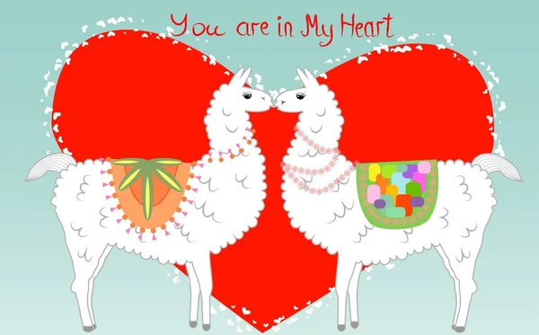 Zwei Liebende, die Lamas umgeben von Herzen küssen. Liebe liegt in der Luft. Inschrift in mein Herz, Postkarte, Valentinstag — Stockvektor