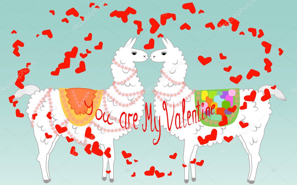 Two lovers, kissing llamas surrounded by hearts. Love is in the air. Inscription You are my Valentine, postcard, Valentine's day