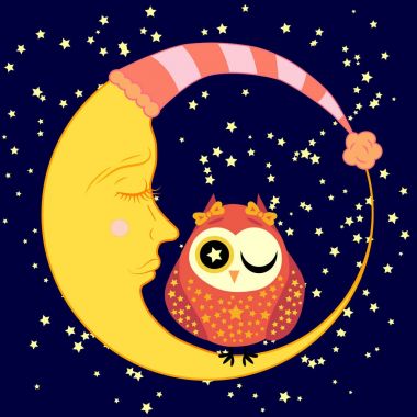 sevimli çizgi uyku baykuş Kapalı gözlerle çevrelerde uykulu Hilal yıldızlar arasında oturur