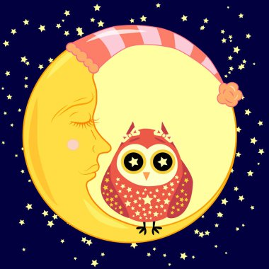sevimli çizgi uyku baykuş Kapalı gözlerle çevrelerde uykulu Hilal yıldızlar arasında oturur