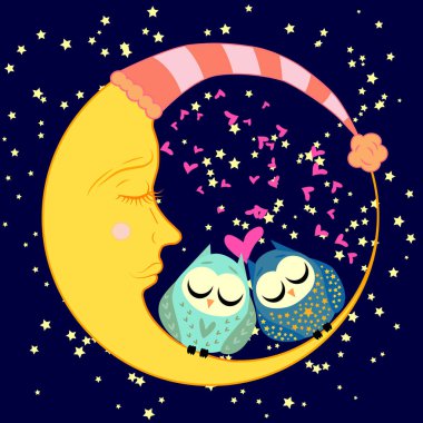 sevimli çizgi uyku baykuş Kapalı gözlerle çevrelerde uykulu Hilal yıldızlar arasında oturur