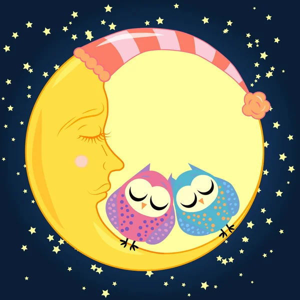 Lindo caricatura durmiendo búho en círculos con los ojos cerrados se sienta en una media luna somnolienta entre las estrellas — Vector de stock