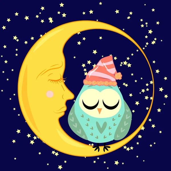 Lucu kartun tidur burung hantu dalam lingkaran dengan mata tertutup duduk di sebuah bulan sabit mengantuk di antara bintang-bintang - Stok Vektor