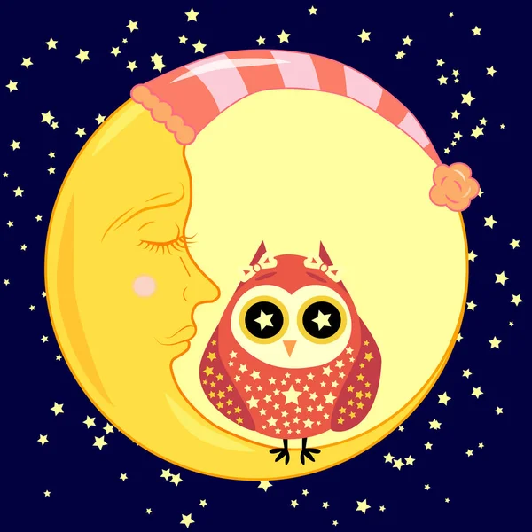 sevimli çizgi uyku baykuş Kapalı gözlerle çevrelerde uykulu Hilal yıldızlar arasında oturur