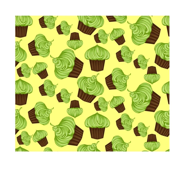 Nahtloses Muster appetitanregender Cupcakes mit grüner Sahne und Minze — Stockvektor