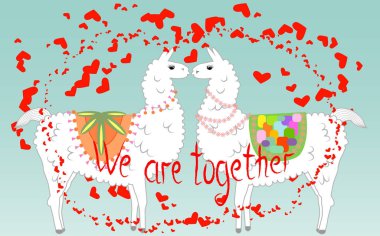 İki sevgili, Kalpler tarafından çevrili llamas öpüşme. Havada aşktır. Yazıt birlikteyiz, kartpostal, Sevgililer günü