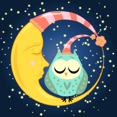 sevimli çizgi uyku baykuş Kapalı gözlerle çevrelerde uykulu Hilal yıldızlar arasında oturur