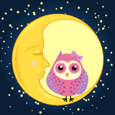 sevimli çizgi uyku baykuş Kapalı gözlerle çevrelerde uykulu Hilal yıldızlar arasında oturur