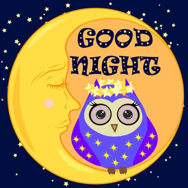 İyi geceler ay ve sevimli baykuş uyku ile kart. Vektör çizim