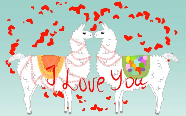 Zwei Liebende, die Lamas umgeben von Herzen küssen. Liebe liegt in der Luft. Inschrift ich liebe dich, Postkarte, Valentinstag — Stockvektor