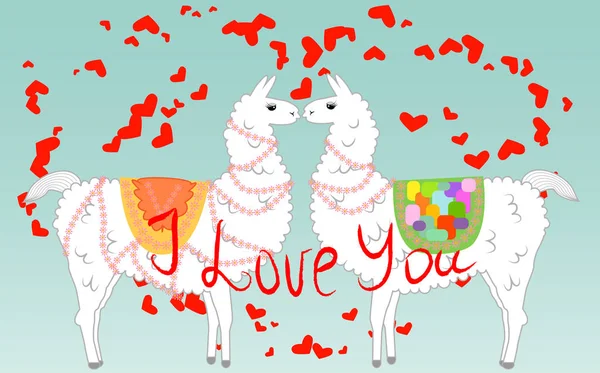 Dos amantes, besando llamas rodeadas de corazones. El amor está en el aire. Inscripción Te amo, postal, día de San Valentín — Vector de stock