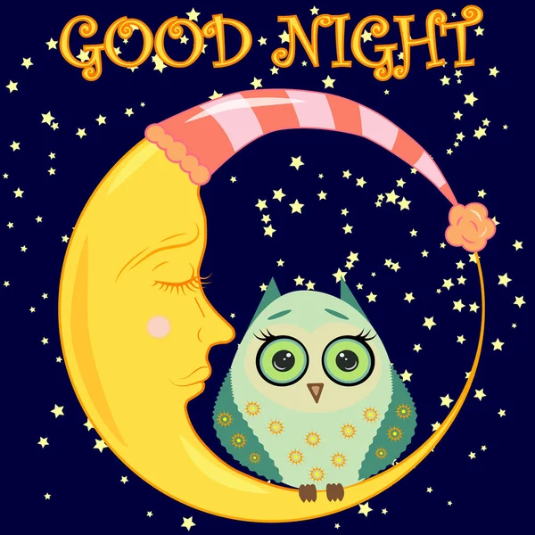 İyi geceler ay ve sevimli baykuş uyku ile kart. Vektör çizim — Stok Vektör
