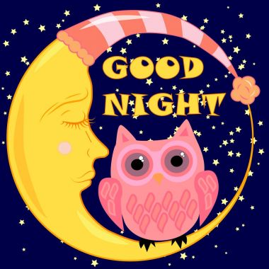 İyi geceler ay ve sevimli baykuş uyku ile kart. Vektör çizim