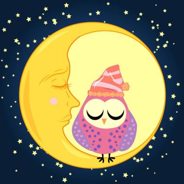 sevimli çizgi uyku baykuş Kapalı gözlerle çevrelerde uykulu Hilal yıldızlar arasında oturur