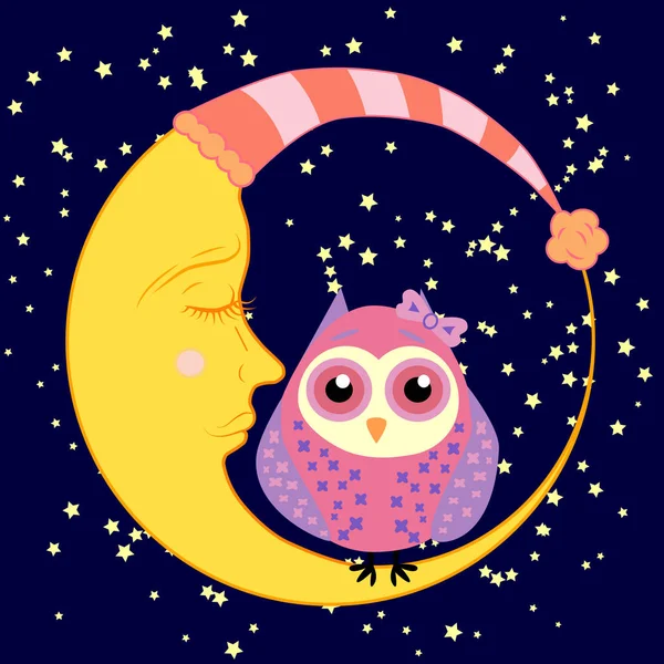 Sevimli çizgi uyku baykuş Kapalı gözlerle çevrelerde uykulu Hilal yıldızlar arasında oturur — Stok Vektör