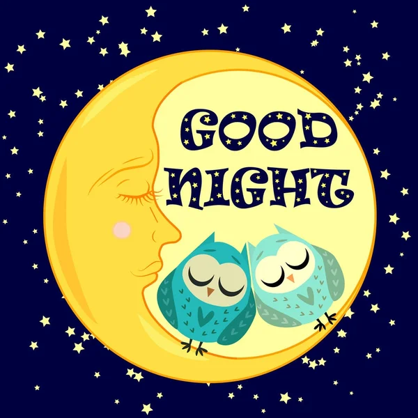 Buenas noches. Una postal con una media luna dormida, dos encantadores búhos de dibujos animados y texto. — Vector de stock