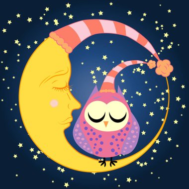 sevimli çizgi uyku baykuş Kapalı gözlerle çevrelerde uykulu Hilal yıldızlar arasında oturur