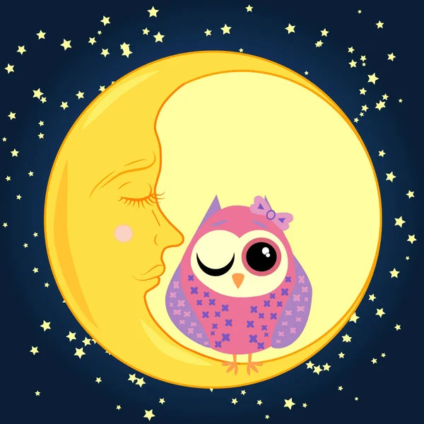 Sevimli Çizgi Uyku Baykuş Kapalı Gözlerle Çevrelerde Uykulu Hilal Yıldızlar — Stok Vektör