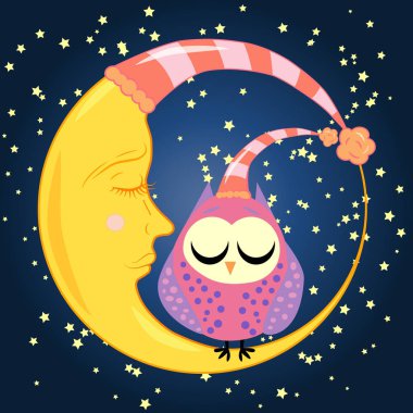 sevimli çizgi uyku baykuş Kapalı gözlerle çevrelerde uykulu Hilal yıldızlar arasında oturur