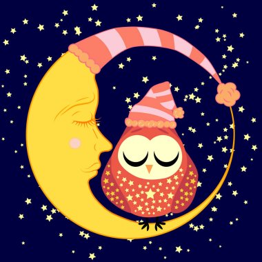 sevimli çizgi uyku baykuş Kapalı gözlerle çevrelerde uykulu Hilal yıldızlar arasında oturur