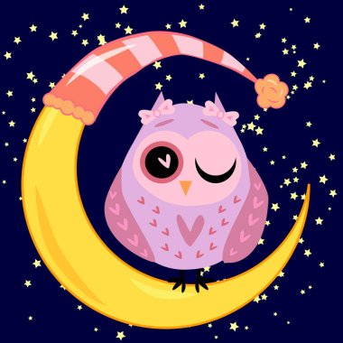 sevimli çizgi uyku baykuş Kapalı gözlerle çevrelerde uykulu Hilal yıldızlar arasında oturur