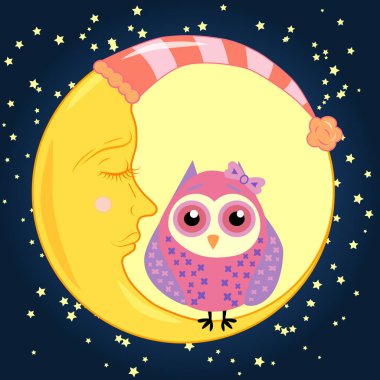 sevimli çizgi uyku baykuş Kapalı gözlerle çevrelerde uykulu Hilal yıldızlar arasında oturur