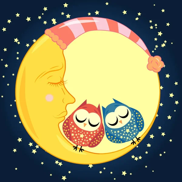 Cute Cartoon Sleeping Owl Circles Closed Eyes Sits Drowsy Crescent — Stock Vector