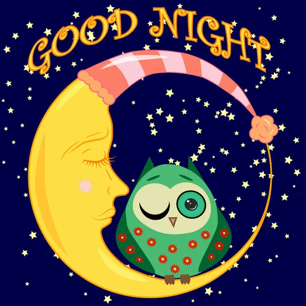 Buonanotte Cartolina Con Mezzaluna Dormiente Simpatico Gufo Dei Cartoni Animati — Vettoriale Stock