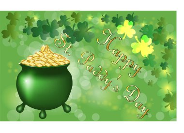 Saint Patrick's Day greeting card with a green pot full of gold coinss, parkled green clover leaves and text. Inscription - Happy St. Paddys Day clipart