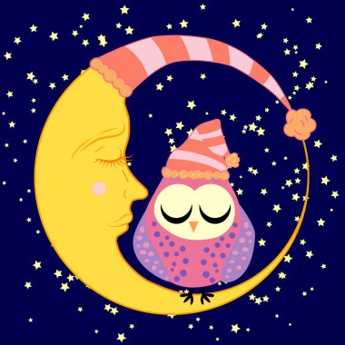 sevimli çizgi uyku baykuş Kapalı gözlerle çevrelerde uykulu Hilal yıldızlar arasında oturur