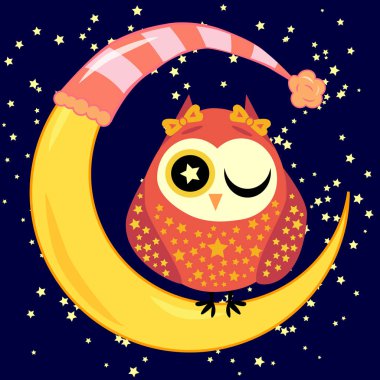 sevimli çizgi uyku baykuş Kapalı gözlerle çevrelerde uykulu Hilal yıldızlar arasında oturur