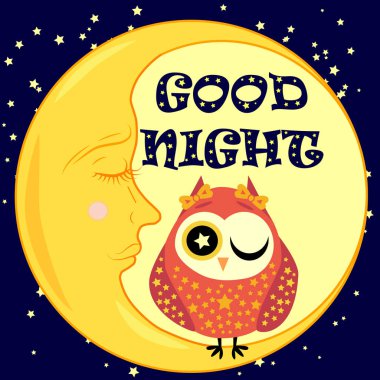 İyi geceler. Hilal şeklinde hareketsiz bir kartpostal, sevimli bir baykuş çizgi filmi ve metin..