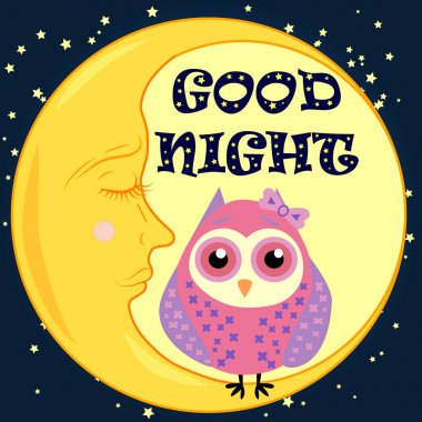 İyi geceler. Hilal şeklinde hareketsiz bir kartpostal, sevimli bir baykuş çizgi filmi ve metin..