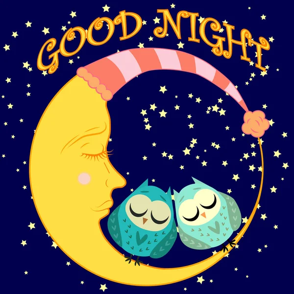 Gute Nacht Eine Postkarte Mit Dösendem Halbmond Zwei Hübschen Cartoon — Stockvektor