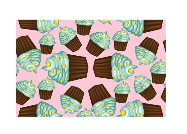 Seamless Pattern Appetizing Cupcakes Blue Cream — Stock Vector