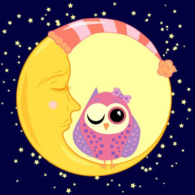 sevimli çizgi uyku baykuş Kapalı gözlerle çevrelerde uykulu Hilal yıldızlar arasında oturur