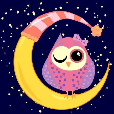sevimli çizgi uyku baykuş Kapalı gözlerle çevrelerde uykulu Hilal yıldızlar arasında oturur