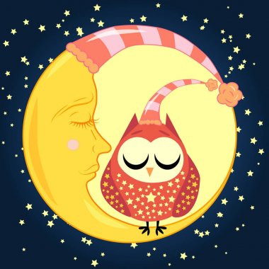 sevimli çizgi uyku baykuş Kapalı gözlerle çevrelerde uykulu Hilal yıldızlar arasında oturur