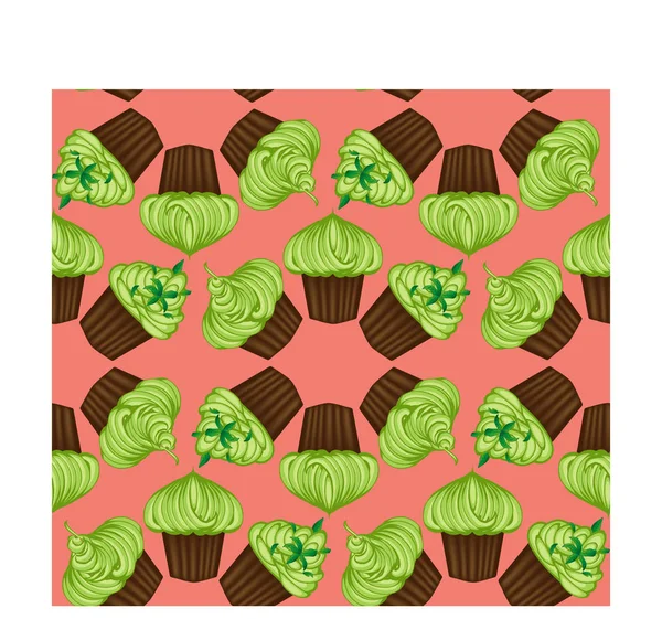 Patrón Sin Costuras Cupcakes Apetitosos Con Crema Verde — Vector de stock