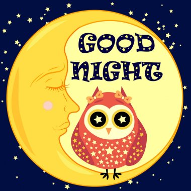 İyi geceler. Hilal şeklinde hareketsiz bir kartpostal, sevimli bir baykuş çizgi filmi ve metin..